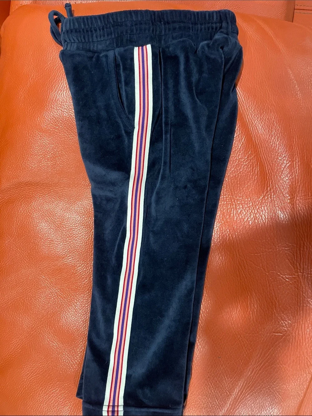 Kids  Navy Velour Jogger Pants with Multicolor Side Stripes